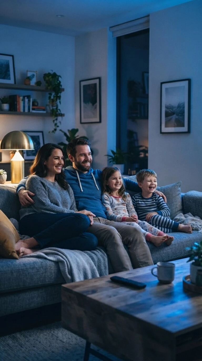 Family watching international channels together with an IPTV TRIAL streaming service on TV