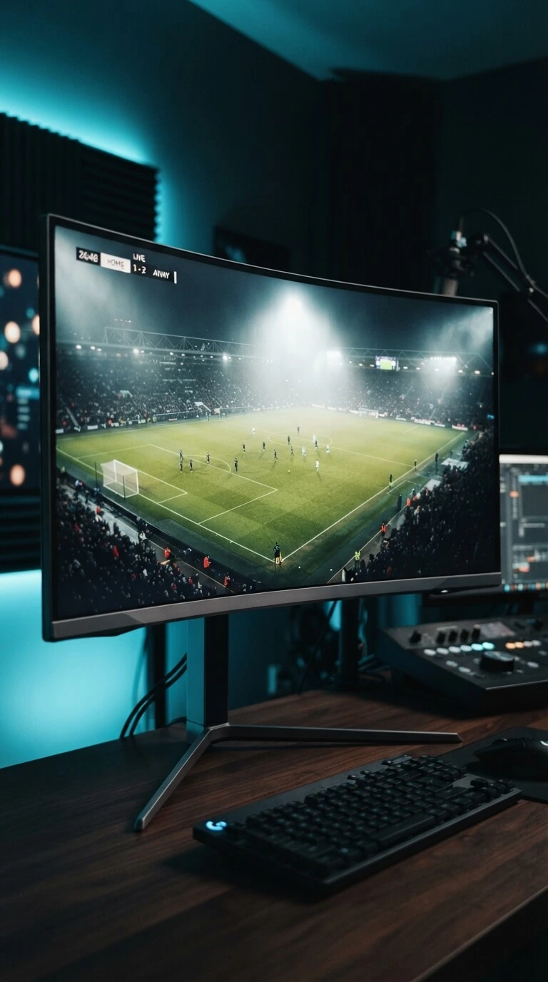 Monitor displaying a 4K football pitch with an IPTV TRIAL streaming service in FHD and 4K quality
