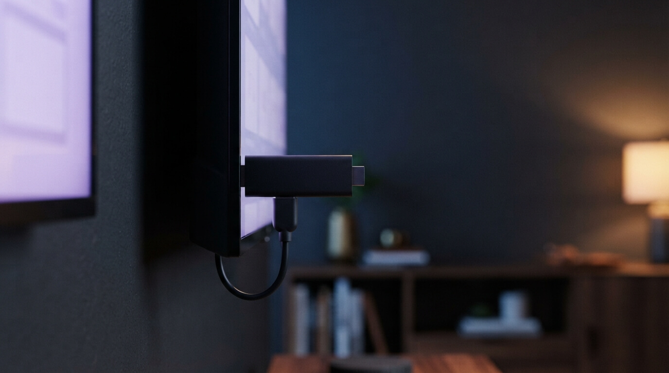 Fire TV Stick plugged into a Canadian living room television playing live IPTV channels
